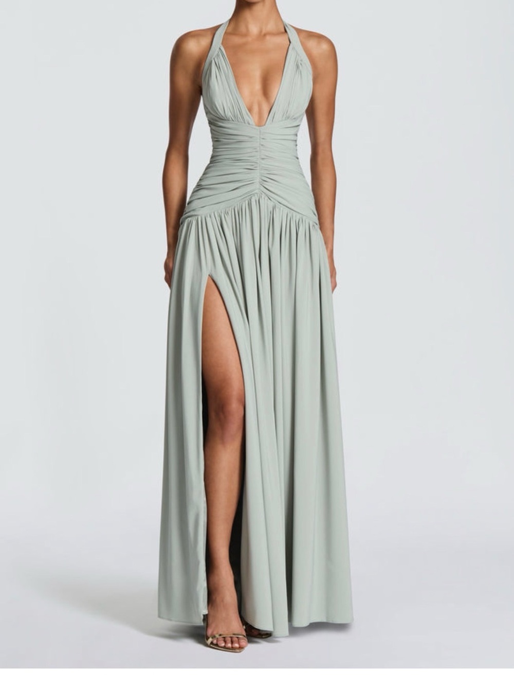 Ruched Halter Maxi Dress in Sage Green
